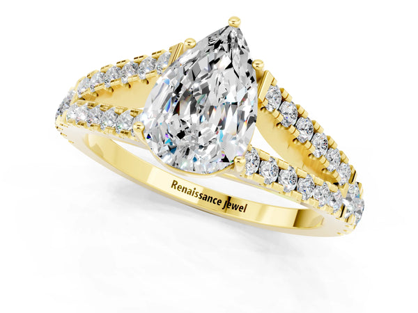 Yellow gold Pear Cut Moissanite Split Shank Engagement Ring with Round Pavé and Prong Setting
