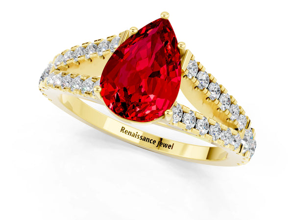 Yellow gold Pear Cut Ruby Split Shank Engagement Ring with Round Pavé and Prong Setting
