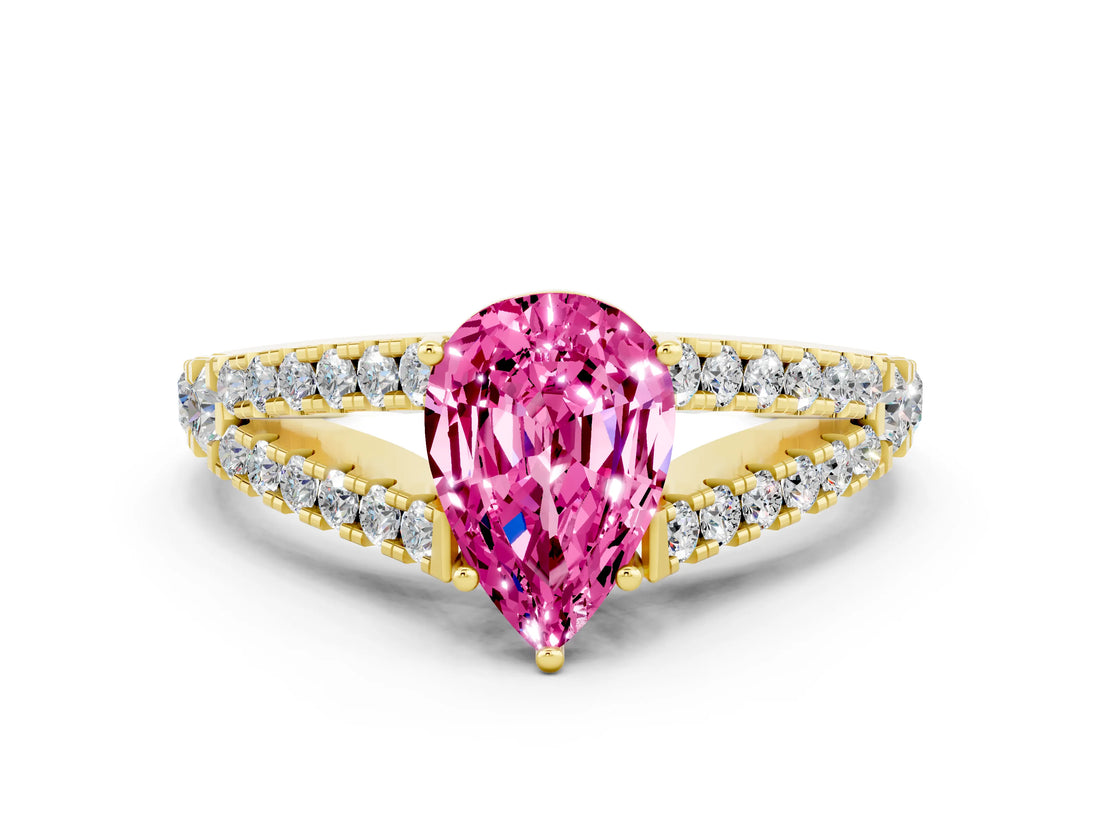 Yellow gold Pear Cut Cut Split Shank Pave Diamond Engagement Ring with Four-Prong Setting