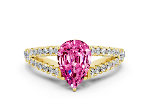 Yellow gold Pear Cut Cut Split Shank Pave Diamond Engagement Ring with Four-Prong Setting