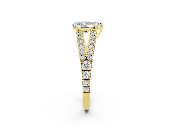Yellow gold Pear Cut Moissanite Split Shank Engagement Ring with Round Pavé and Prong Setting