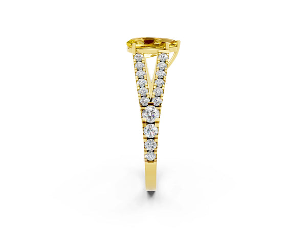 Yellow gold Pear Cut Yellow Sapphire Split Shank Engagement Ring with Round Pavé and Prong Setting