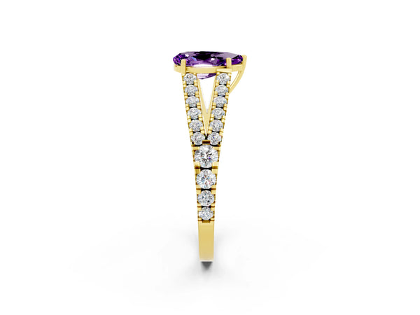 Yellow gold Pear Cut Amethyst Split Shank Engagement Ring with Round Pavé and Prong Setting