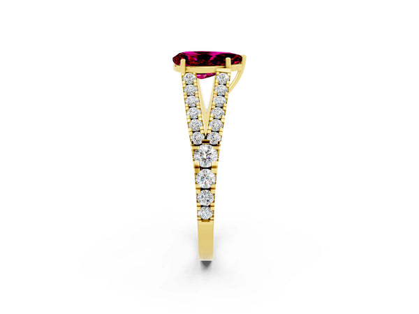 Yellow gold Pear Cut Garnet Split Shank Engagement Ring with Round Pavé and Prong Setting
