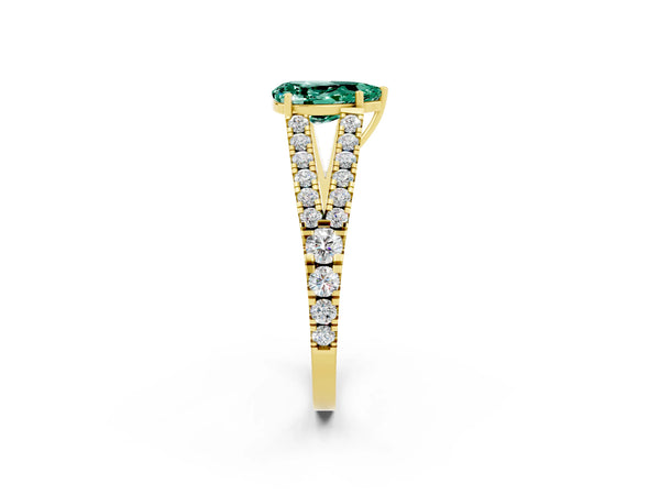Yellow gold Pear Cut Green Sapphire Split Shank Engagement Ring with Round Pavé and Prong Setting