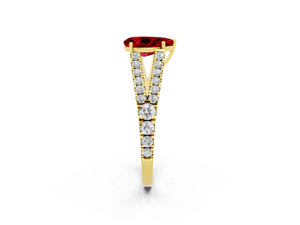 Yellow gold Pear Cut Ruby Split Shank Engagement Ring with Round Pavé and Prong Setting