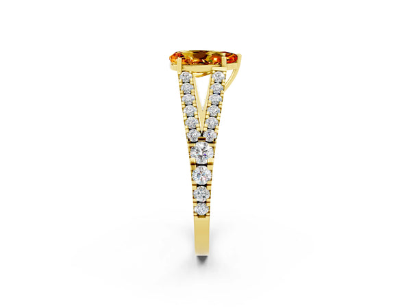 Yellow gold Pear Cut Citrine Split Shank Engagement Ring with Round Pavé and Prong Setting