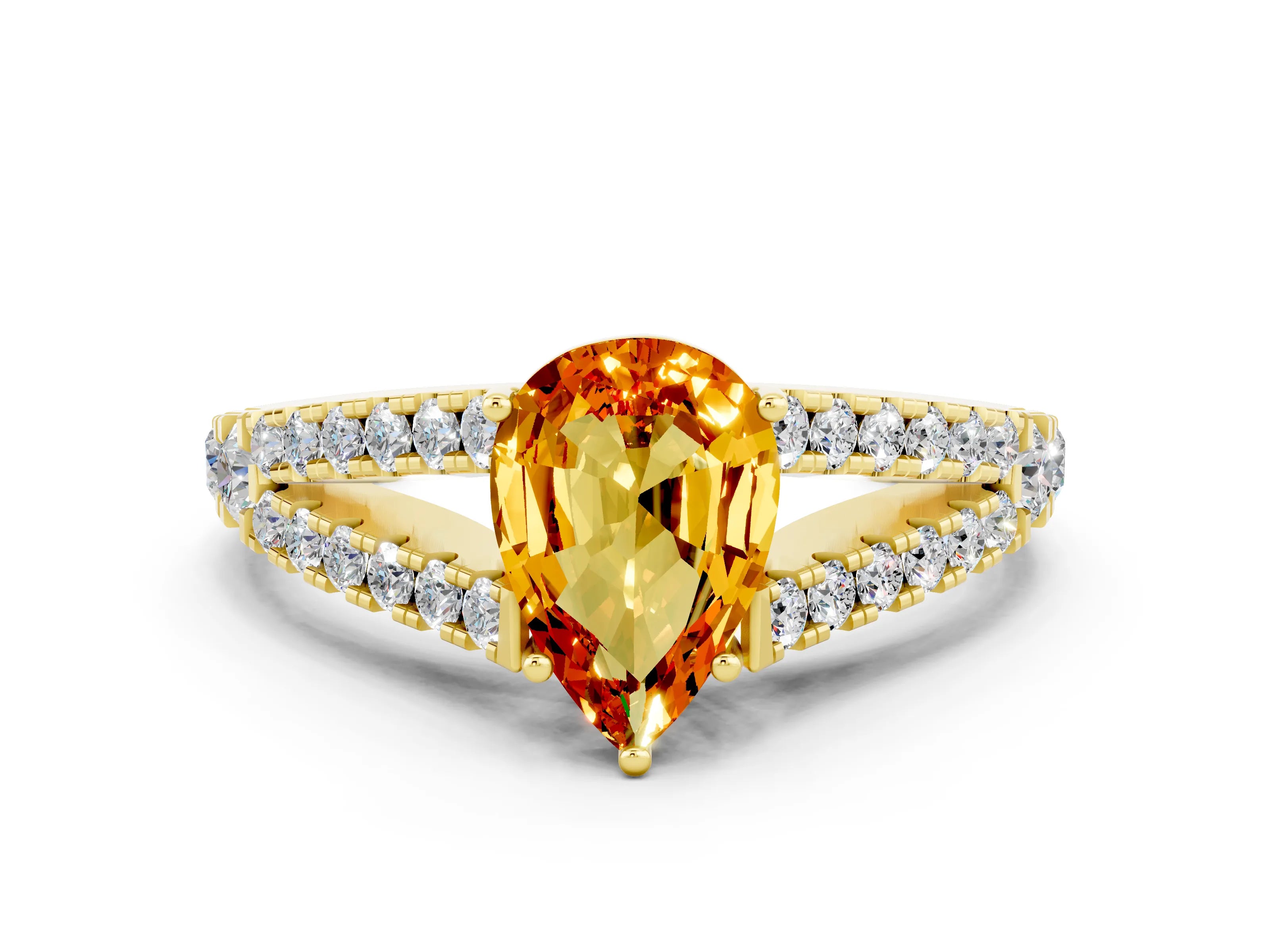 Yellow gold Pear Cut Cut Split Shank Pave Diamond Engagement Ring with Four-Prong Setting