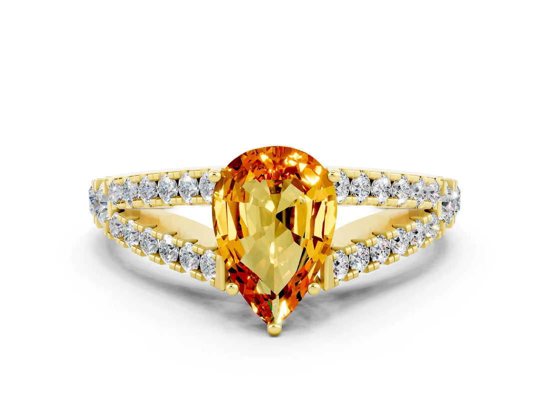 Yellow gold Pear Cut Cut Split Shank Pave Diamond Engagement Ring with Four-Prong Setting