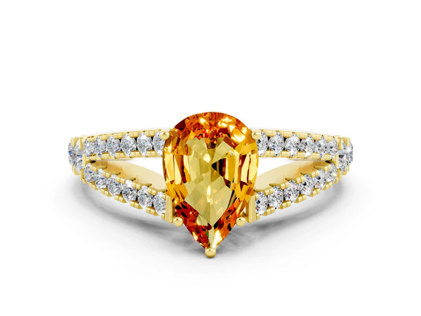 Yellow gold Pear Cut Citrine Split Shank Engagement Ring with Round Pavé and Prong Setting