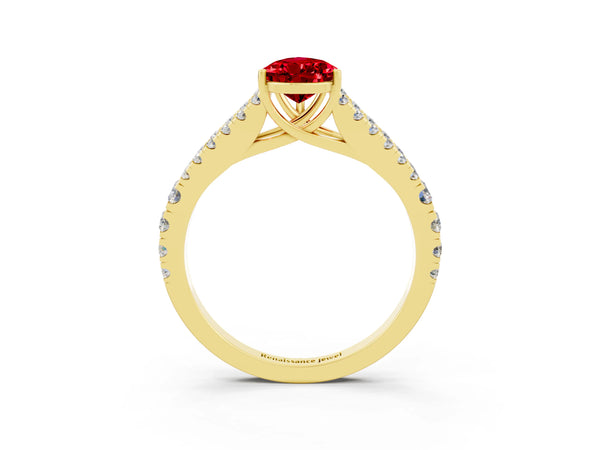 Yellow gold Pear Cut Ruby Split Shank Engagement Ring with Round Pavé and Prong Setting