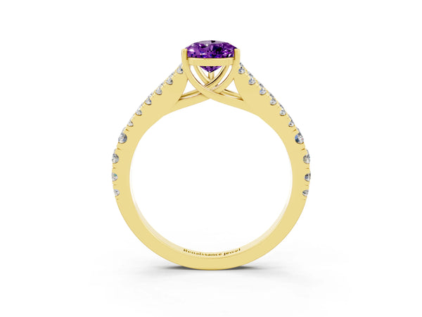 Yellow gold Pear Cut Amethyst Split Shank Engagement Ring with Round Pavé and Prong Setting