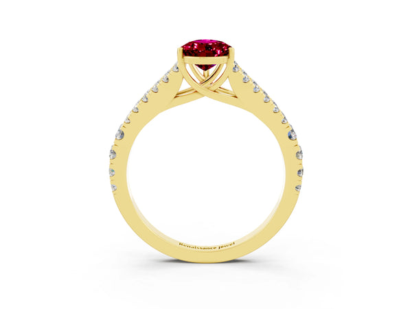 Yellow gold Pear Cut Garnet Split Shank Engagement Ring with Round Pavé and Prong Setting
