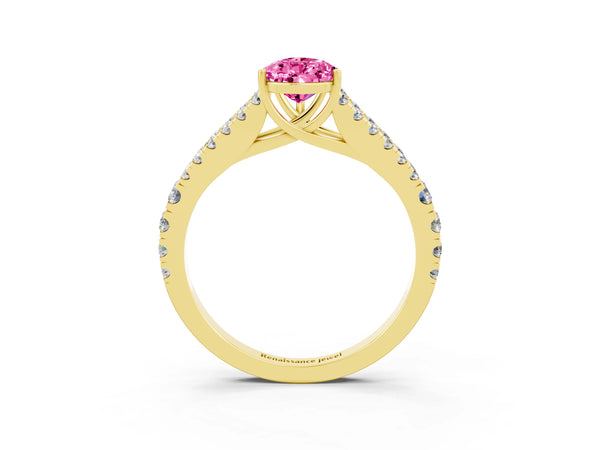 Yellow Gold Pear-Shaped Lab-Grown Pink Sapphire Graduated Pave Split Shank Engagement Ring