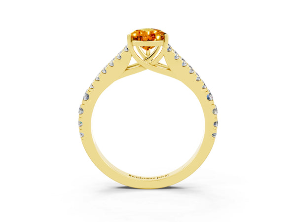 Yellow gold Pear Cut Citrine Split Shank Engagement Ring with Round Pavé and Prong Setting