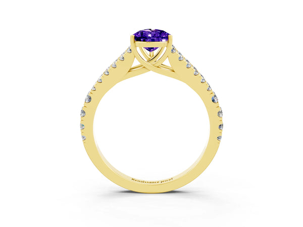 Yellow gold Pear Cut Tanzanite Split Shank Engagement Ring with Round Pavé and Prong Setting