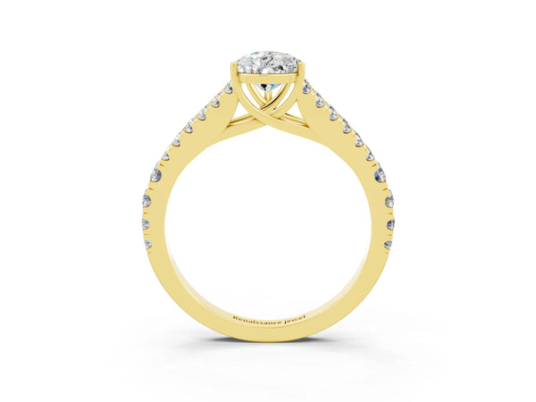 Yellow gold Pear Cut Moissanite Split Shank Engagement Ring with Round Pavé and Prong Setting