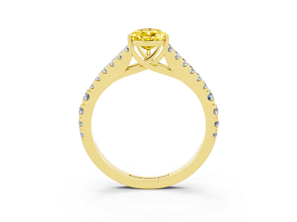 Yellow gold Pear Cut Yellow Sapphire Split Shank Engagement Ring with Round Pavé and Prong Setting