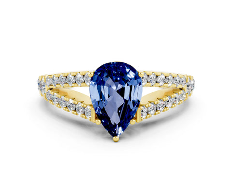 Yellow gold Pear Cut Cut Split Shank Pave Diamond Engagement Ring with Four-Prong Setting