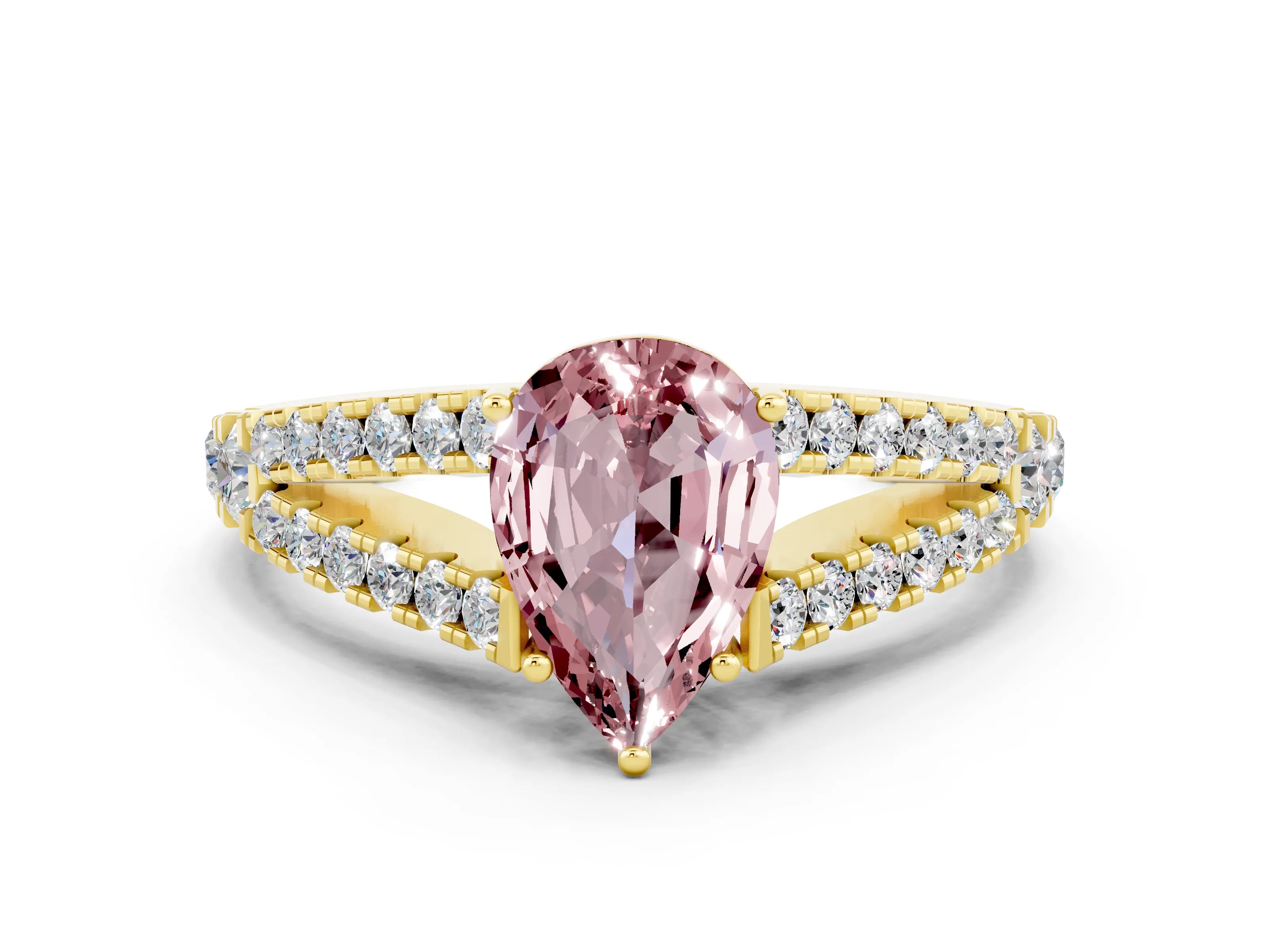 Yellow gold Pear Cut Cut Split Shank Pave Diamond Engagement Ring with Four-Prong Setting