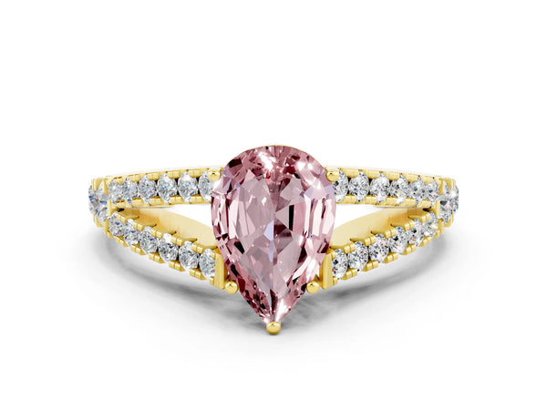 Yellow gold Pear Cut Cut Split Shank Pave Diamond Engagement Ring with Four-Prong Setting