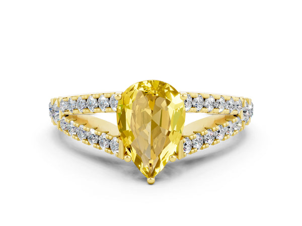 Yellow gold Pear Cut Yellow Sapphire Split Shank Engagement Ring with Round Pavé and Prong Setting