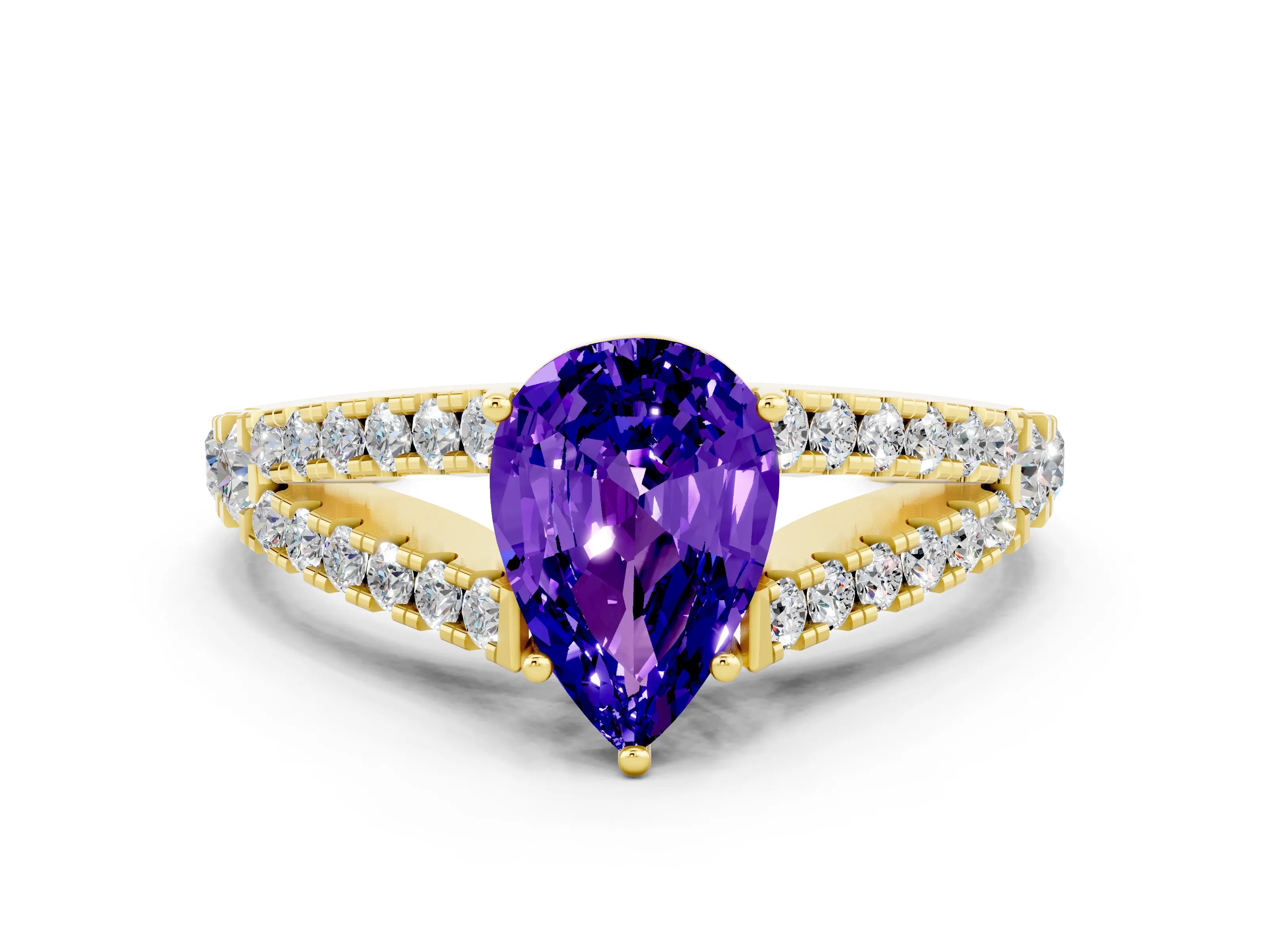 Yellow gold Pear Cut Cut Split Shank Pave Diamond Engagement Ring with Four-Prong Setting
