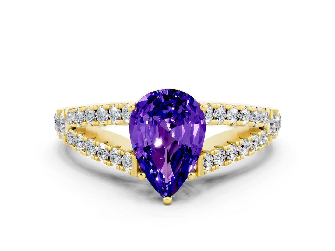 Yellow gold Pear Cut Cut Split Shank Pave Diamond Engagement Ring with Four-Prong Setting