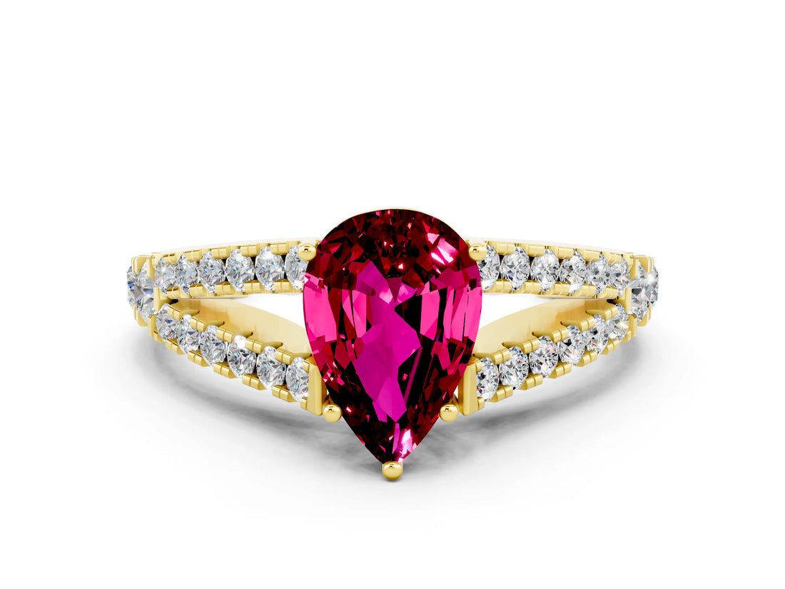 Yellow gold Pear Cut Cut Split Shank Pave Diamond Engagement Ring with Four-Prong Setting