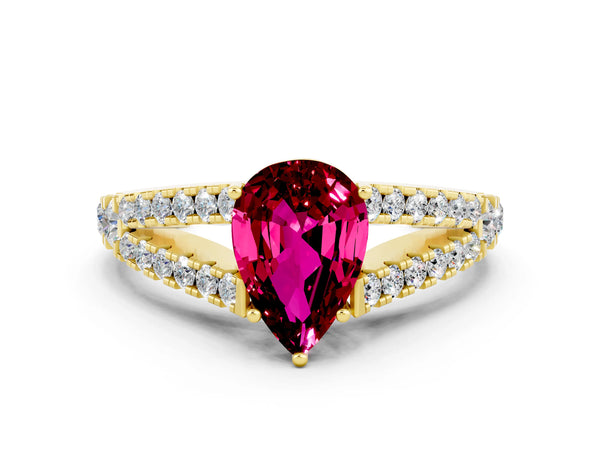 Yellow gold Pear Cut Garnet Split Shank Engagement Ring with Round Pavé and Prong Setting