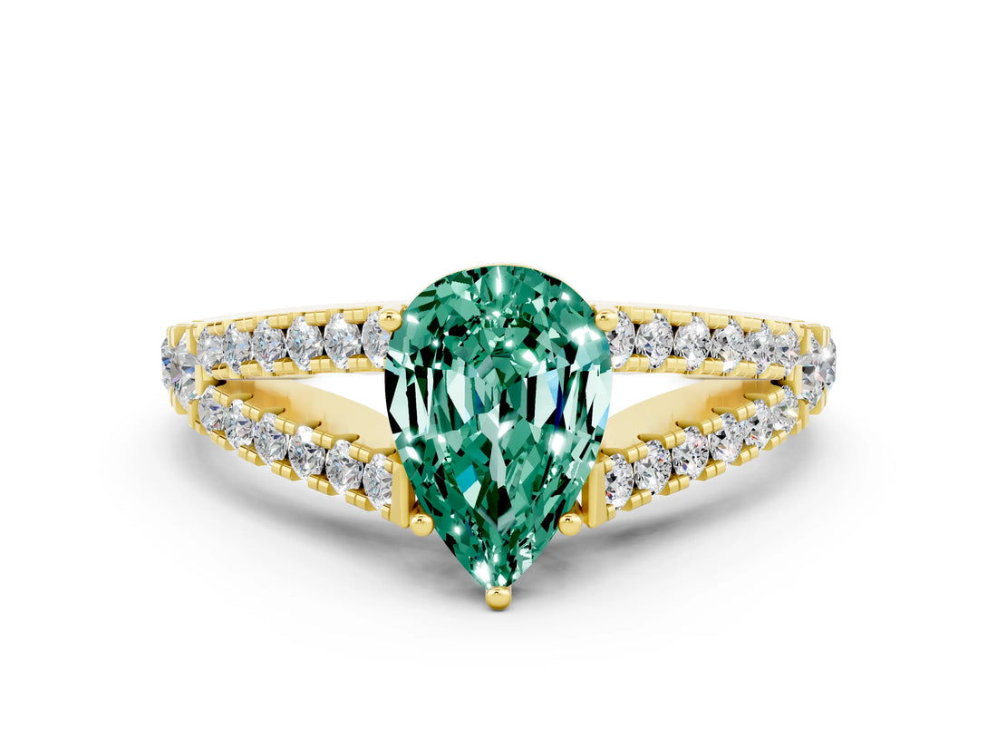 Yellow gold Pear Cut Cut Split Shank Pave Diamond Engagement Ring with Four-Prong Setting