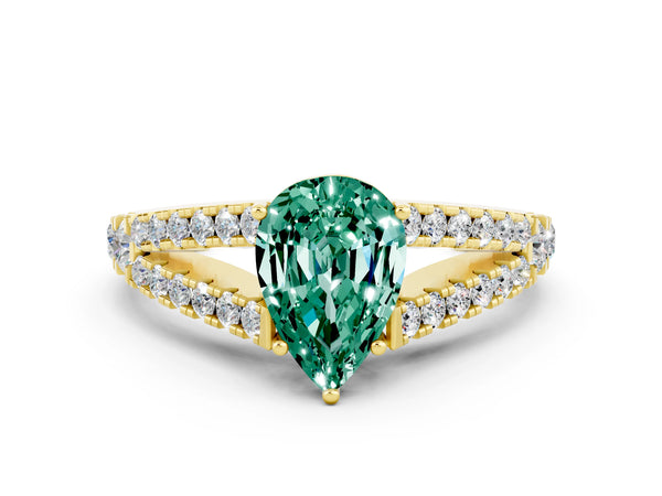 Yellow gold Pear Cut Green Sapphire Split Shank Engagement Ring with Round Pavé and Prong Setting