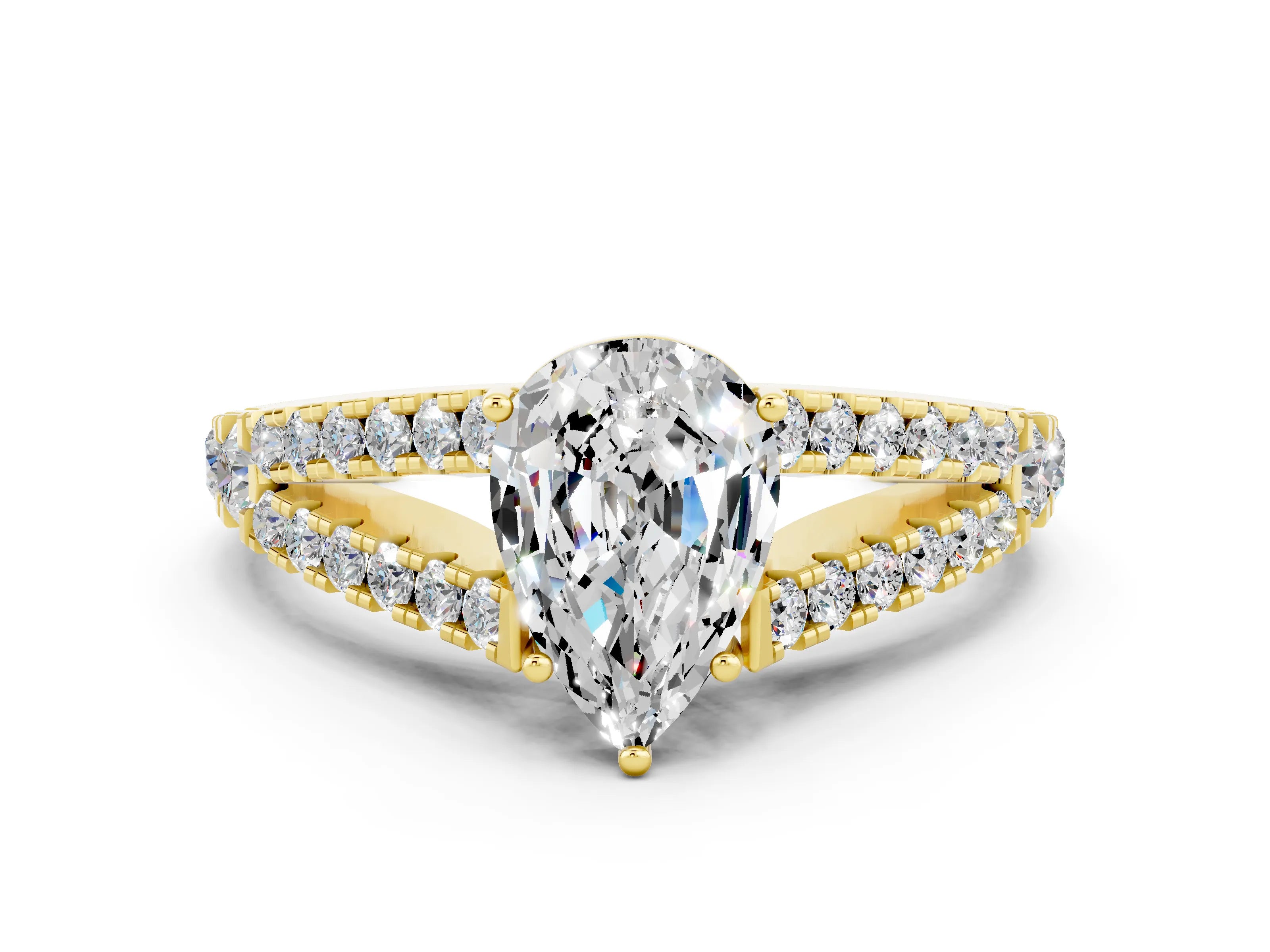 Yellow gold Pear Cut Cut Split Shank Pave Diamond Engagement Ring with Four-Prong Setting