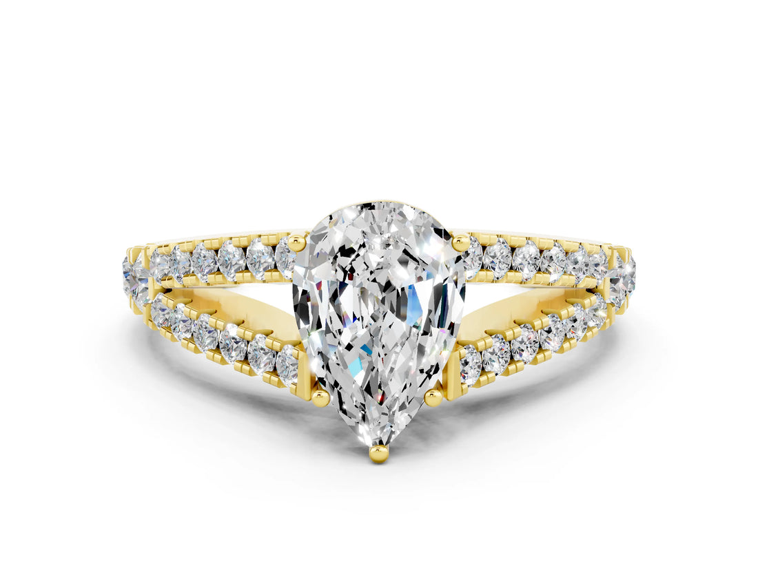 Yellow gold Pear Cut Cut Split Shank Pave Diamond Engagement Ring with Four-Prong Setting