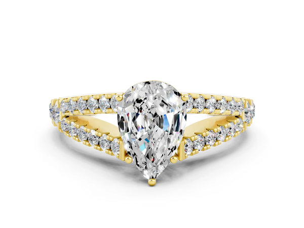 Yellow gold Pear Cut Moissanite Split Shank Engagement Ring with Round Pavé and Prong Setting