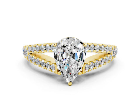 Yellow gold Pear Cut Cut Split Shank Pave Diamond Engagement Ring with Four-Prong Setting