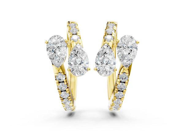 Yellow gold Pear Cut Diamond Bypass Huggie Hoop Earrings