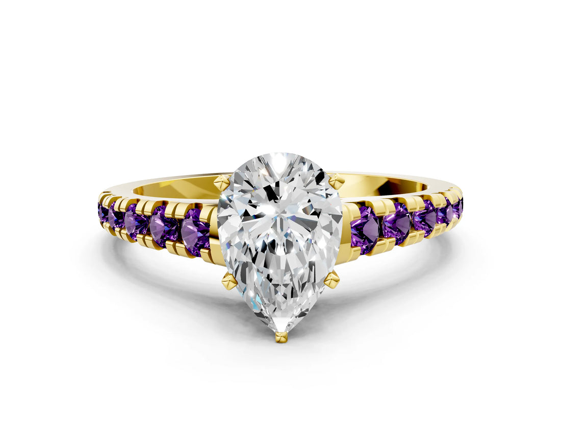 Yellow gold Pear Cut Diamond Cathedral Solitaire Ring with Round with Amethyst side stone Pavé Band_12