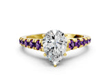 Yellow gold Pear Cut Diamond Cathedral Solitaire Ring with Round with Amethyst side stone Pavé Band_12