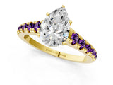 Yellow gold Pear Cut Diamond Cathedral Solitaire Ring with Round with Amethyst side stone Pavé Band_13