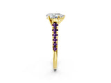 Yellow gold Pear Cut Diamond Cathedral Solitaire Ring with Round with Amethyst side stone Pavé Band_14