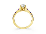 Yellow gold Pear Cut Diamond Cathedral Solitaire Ring with Round with Amethyst side stone Pavé Band_15