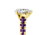 Yellow gold Pear Cut Diamond Cathedral Solitaire Ring with Round with Amethyst side stone Pavé Band_17