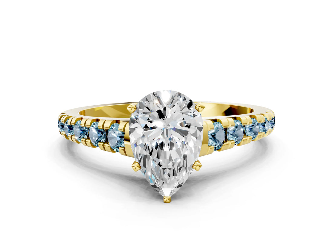 Yellow gold Pear Cut Diamond Cathedral Solitaire Ring with Round with Aquamarine side stone Pavé Band_12