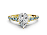 Yellow gold Pear Cut Diamond Cathedral Solitaire Ring with Round with Aquamarine side stone Pavé Band_12
