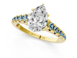 Yellow gold Pear Cut Diamond Cathedral Solitaire Ring with Round with Aquamarine side stone Pavé Band_13