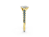 Yellow gold Pear Cut Diamond Cathedral Solitaire Ring with Round with Aquamarine side stone Pavé Band_14