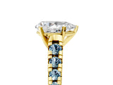 Yellow gold Pear Cut Diamond Cathedral Solitaire Ring with Round with Aquamarine side stone Pavé Band_17