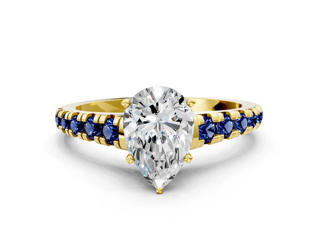 Yellow gold Pear Cut Diamond Cathedral Solitaire Ring with Round with Blue Sapphire side stone Pavé Band_12