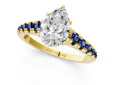 Yellow gold Pear Cut Diamond Cathedral Solitaire Ring with Round with Blue Sapphire side stone Pavé Band_13